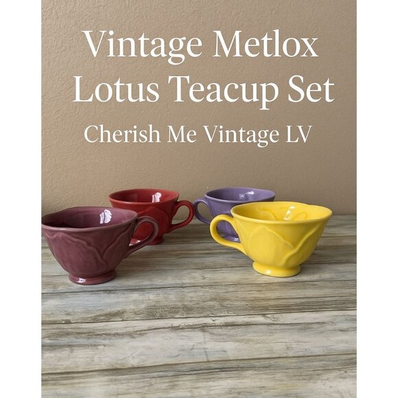 Vintage Metlox Lotus Teacups Set of 4 Multicolor Mid-Century California Pottery - Picture 1 of 12